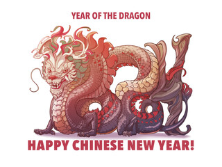 The Year of Dragon Holiday Poster or Postcard. Zodiac symbol of the New Year 2024. Dragon body curved to form 2024. Line drawing coloured and isolated on a white background. NOT AI. EPS10 vector.