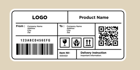 Cargo delivery sticker vector. Shipment label template. Delivery bar code mockup. Fragile, handle icon. Information about company recipient. Priority mail with barcode mock up. Vector illustration