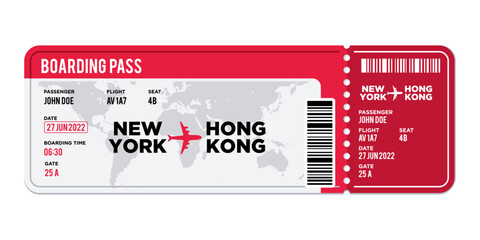 Red and white Airplane ticket design. Realistic illustration of airplane boarding pass with passenger name and destination. Concept of travel, journey or business trip. Isolated on white background