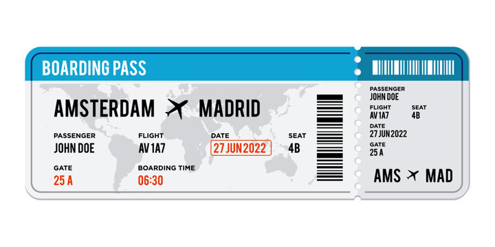blue and white Airplane ticket design. Realistic illustration of airplane boarding pass with passenger name and destination. Concept of travel, journey or business trip. Isolated on white background