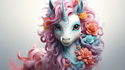Magic fairy tale character unicorn with flowers in mane, 3d illustration for girls. Unicorn print for clothes, stationery, books, goods. Unicorn 3D character banner on white background.