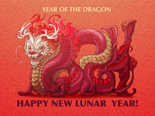 The Year of Dragon Holiday Poster or Postcard. Zodiac symbol of the New Year 2024. Dragon body curved to form 2024. Line drawing coloured and isolated on red textured background. NOT AI. EPS10 vector.