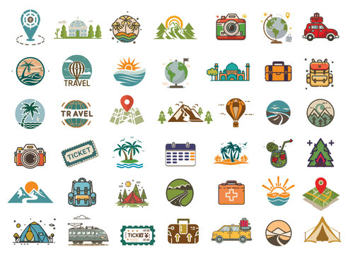 Collection of Travel Tourism icon, Trip Planning World Tour. Holiday Vacation, Travel and Transport concept. Eps 10 Vector
