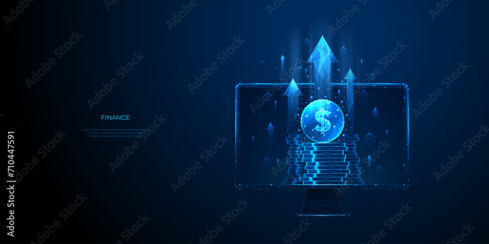 Aufkleber stock market and investment concept. digital coin dollar stack with growth arrows on a computer moni