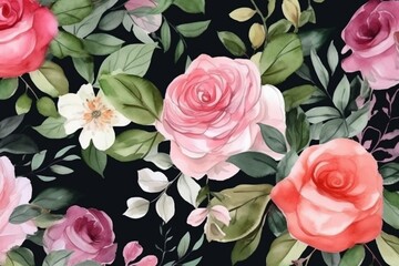Pattern of watercolor roses and branches. Generative AI