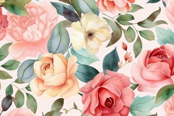 Pattern of watercolor roses and branches. Generative AI