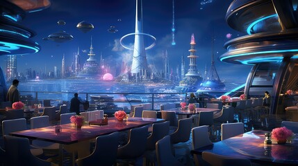 innovation space restaurant background illustration outer galaxy, moon planets, astronaut zero...
