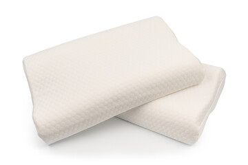 Orthopedic pillow on white background. Physiotherapy concept. Soft comfortable pillow. Orthopedic pillow, memory foam. Mattress that supported you to sleep well all night isolated on white background.