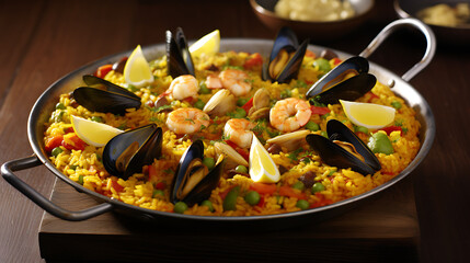  a beautifully plated seafood paella with a medley of shellfish and aromatic saffron rice, showcasing the richness and deliciousness of this classic dish in high definition