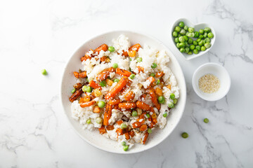Rice bowl with carrot and pea