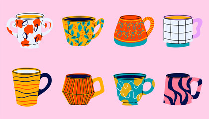 Collection of different modern cups . Set of colored mugs filling decorated with design elements vector flat illustration Cute trendy crockery with handle for drink