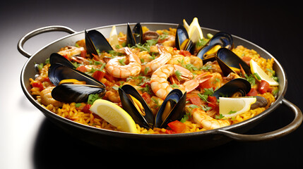  a beautifully plated seafood paella with a medley of shellfish and aromatic saffron rice, showcasing the richness and deliciousness of this classic dish in high definition