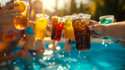 Favorite natural soft drinks in hands against the backdrop of the pool during a party, concept for advertising refreshing lemonades and juices at a student pool party