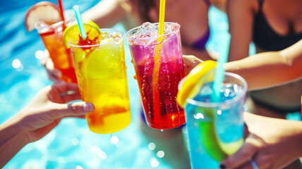 Glasses of lemonade in the hands of friends against the backdrop of the pool, a student party in the pool, the idea of a summer vacation and meeting, advertising refreshing lemonades and juices - obrazy, fototapety, plakaty