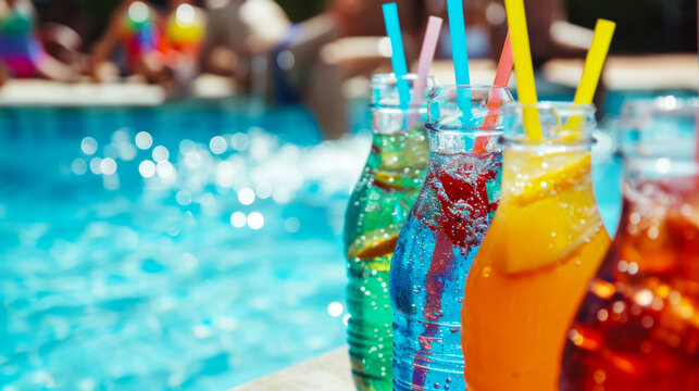 Bottles with your favorite multi-colored natural soft drinks against the backdrop of the pool, concept for advertising refreshing lemonades and juices at a student party in the pool