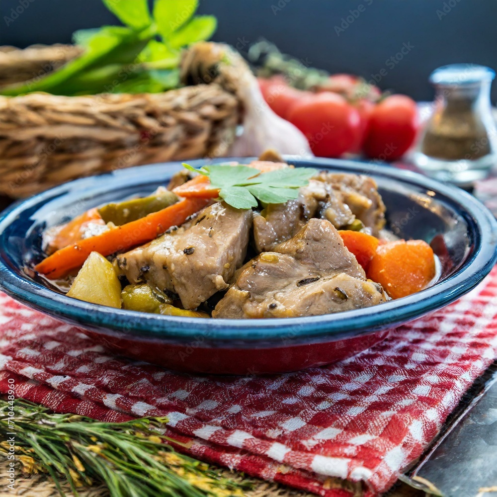 Wall mural Closeup of pork stew Meat with vegetables