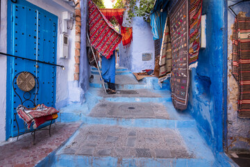 Beautiful and colorful architecture and street of Chefchaouen, Morocco - obrazy, fototapety, plakaty