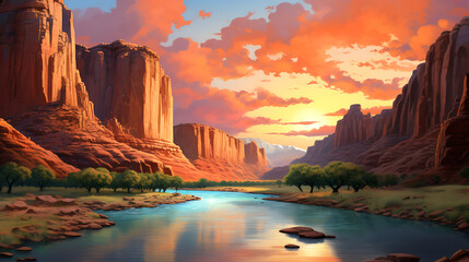 a canyon landscape with towering cliffs, painted in warm colors during a vibrant sunset, capturing...