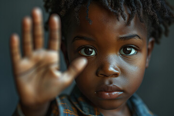 Portrait of a serious and scared little african american boy standing with outstretched hand showing stop gesture, domestic violence concept. Stop violence and abuse. - obrazy, fototapety, plakaty