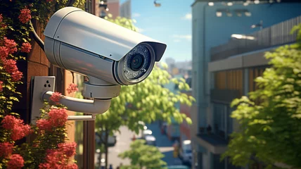 Fototapeten Urban Surveillance Security Camera mounted on a building wall overlooking a sunny city street with blooming flowers © Alina Nikitaeva