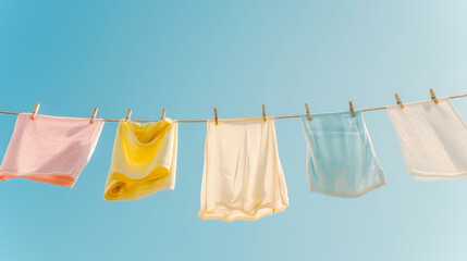 Washing day. Kitchen colorful towels drying on washing line against clear blue sky background. Concept of spring cleaning