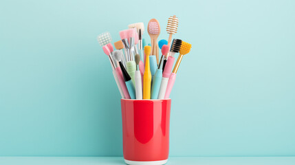 Different toothbrushes in holder on light blue background