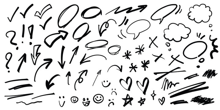 Decorative doodles sketch scribble hand drawn handmade pencil pen marker set vector graphic design illustration art for business infographic journal set pointing arrow speech bubble line outline shape