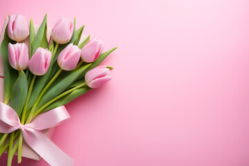 A pink background with pink presents and flowers