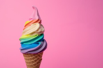 rainbow color ice cream in a cone with pink background, pride concept