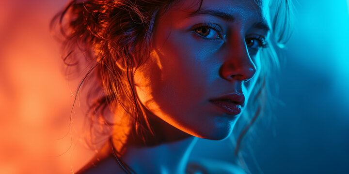 Young woman, piercing look, red-blue contrast lighting, reflective mood, enigmatic ambiance