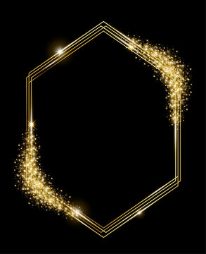 Vector template of shining gold frame, background with glitter for Christmas celebration party, New Year card, wedding, bachelorette party, baby shower party, logo, casino, birthday.