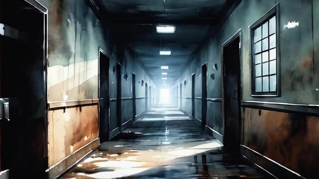 Darky abandoned hospital corridor. Scary dark cinematic corridor seamless loop. AI generated