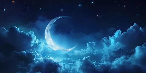 Tuinposter Celestial elegance. Captivating moon night sky with stars clouds and touch of mystical blue perfect for portraying beauty of astronomy and dreams © Thares2020