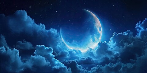 Celestial elegance. Captivating moon night sky with stars clouds and touch of mystical blue perfect for portraying beauty of astronomy and dreams - obrazy, fototapety, plakaty
