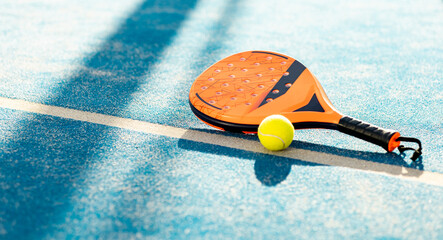 Photo of an orange padel racket and a ball on the ground of a blue outdoor court. Padel concept....