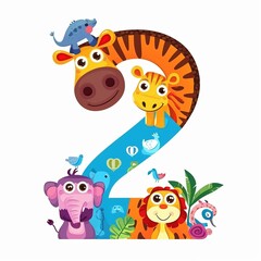 the number 2 cartoon drawing with animals