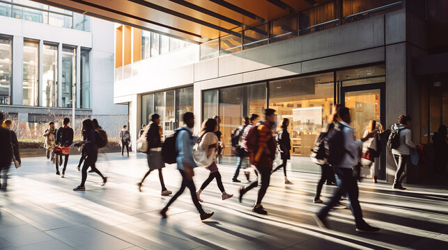 Blurry image. background image of a Group of young People walking quickly to classes in a modern building