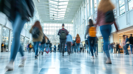 Blurry image. background image of a Group of young People walking quickly to classes in a modern building - obrazy, fototapety, plakaty