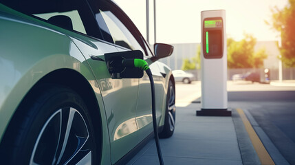 Electric modern vehicle is parked and charging on the station