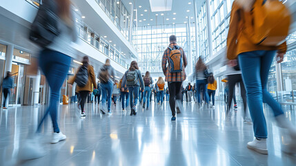 Blurry image. background image of a Group of young People walking quickly to classes in a modern building - obrazy, fototapety, plakaty