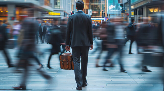 A businessman with a full-length briefcase stands in the middle of the street around a blurred group of people walking fast