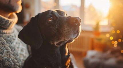Shot from the Perspective of a Pet Looking Up at their Owner, capturing a unique bond in a bright, homely environment - obrazy, fototapety, plakaty