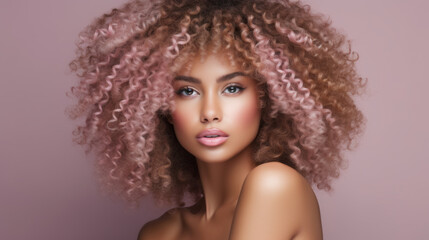 Beauty model with curly Afro style hair against studio background
