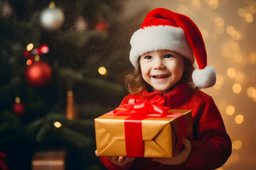 Little girl in santa hat with gift box on background of Christmas tree