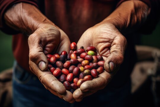 Coffee beans in the hands of a man. Close-up. The concept of coffee production and coffee bean harvesting.