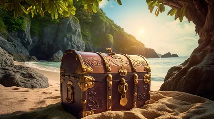 Tuinposter Pirate treasure chest on a deserted island © standret