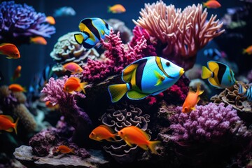 Tropical fish swimming in the water. Beautiful underwater world with corals and tropical fish.