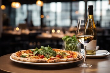 Pizza with mozzarella cheese, tomatoes and basil on a wooden table. Restaurant concept, food delivery, farm food products - Powered by Adobe
