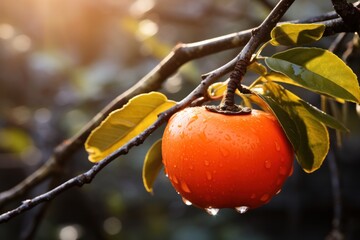 Ripe persimmon fruit on a branch with drops of water
