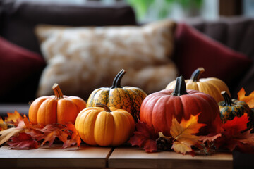 Pumpkins and autumn leaves on wooden table in room, closeup. Fall festival, Halloween.